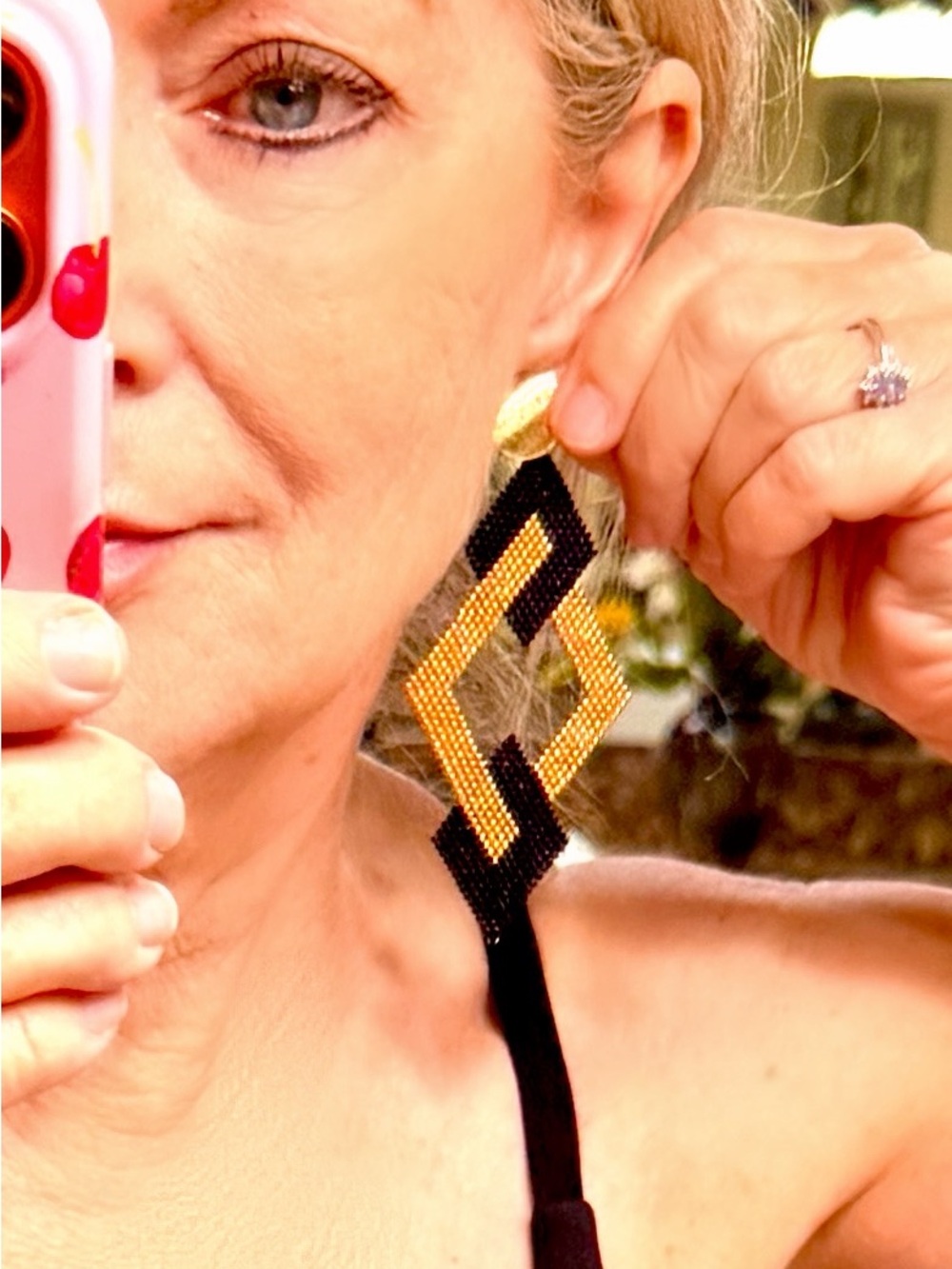 Handmade Art Deco Black Gold Seed Bead Statement Earring - Picture 3 of 5